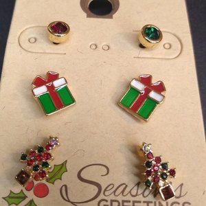 CRYSTAL AVENUE 3PC Stud Set Holiday Mini Multi Red Round Stone Earring Set